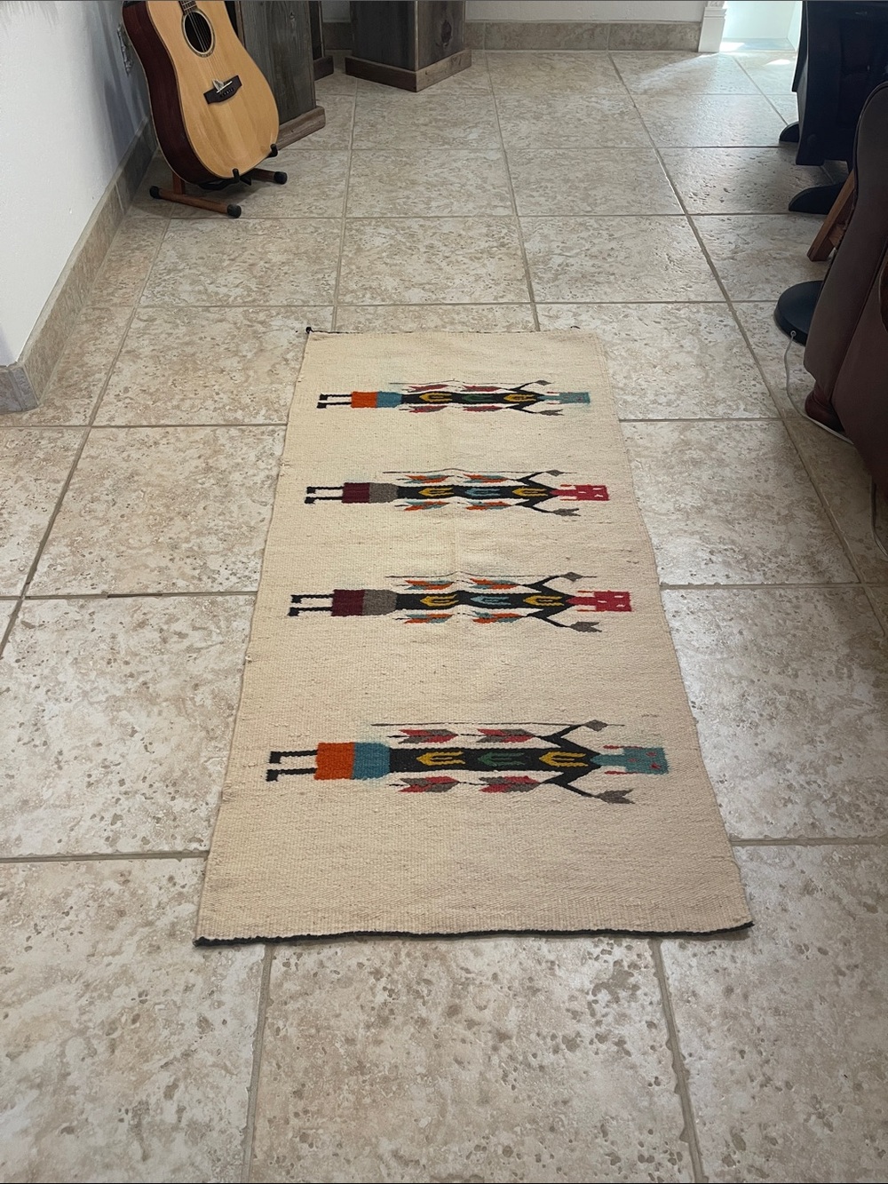 Handwoven Beige Runner Rug with Colorful Tribal Motifs